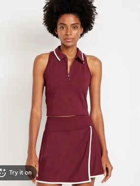 Sleeveless Zip Polo Crop Top and Skort Set - Burgundy with White Trim